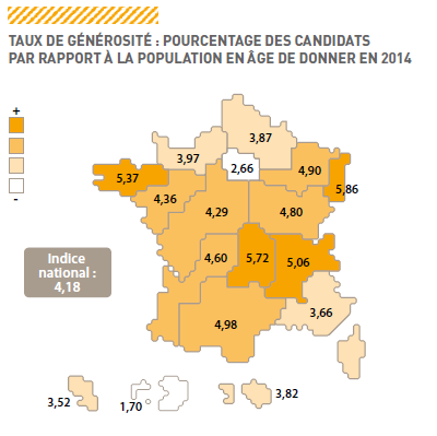 Carte de générosité des régions françaises pour le don de sang