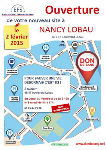 Affiche de l'ouverture du nouveau site de don du sang à Nancy